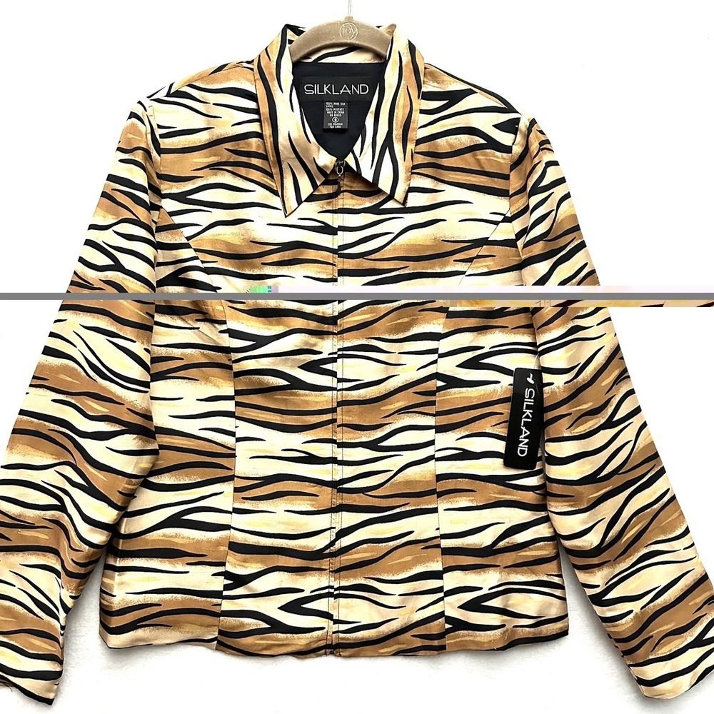 SILKLAND Vintage Sz 8 Tiger Print 100% Silk Full Zip Lightweight Jacket‎ Animal